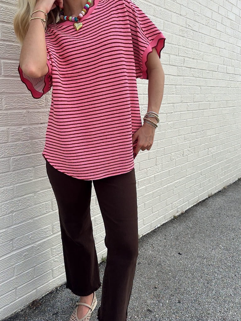 Pink and Brown Striped Scalloped top