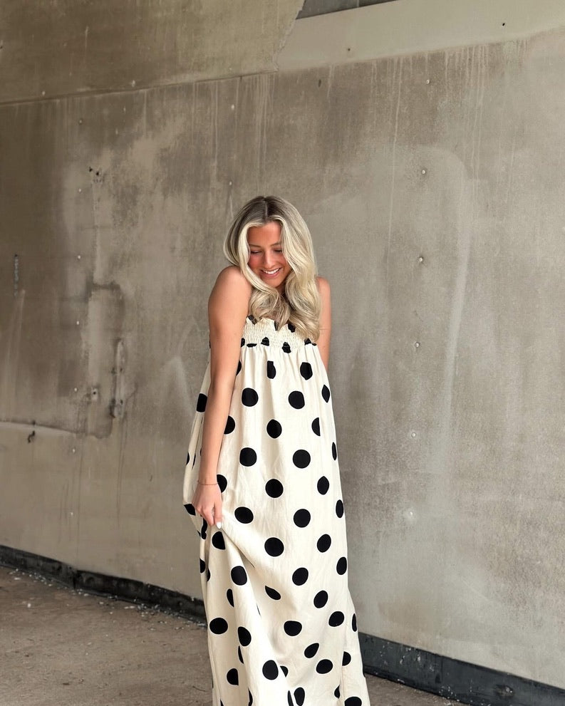 cream black polka dot dress Cream Polka Dot Maxi dress – Jonesboro Threads Boutique