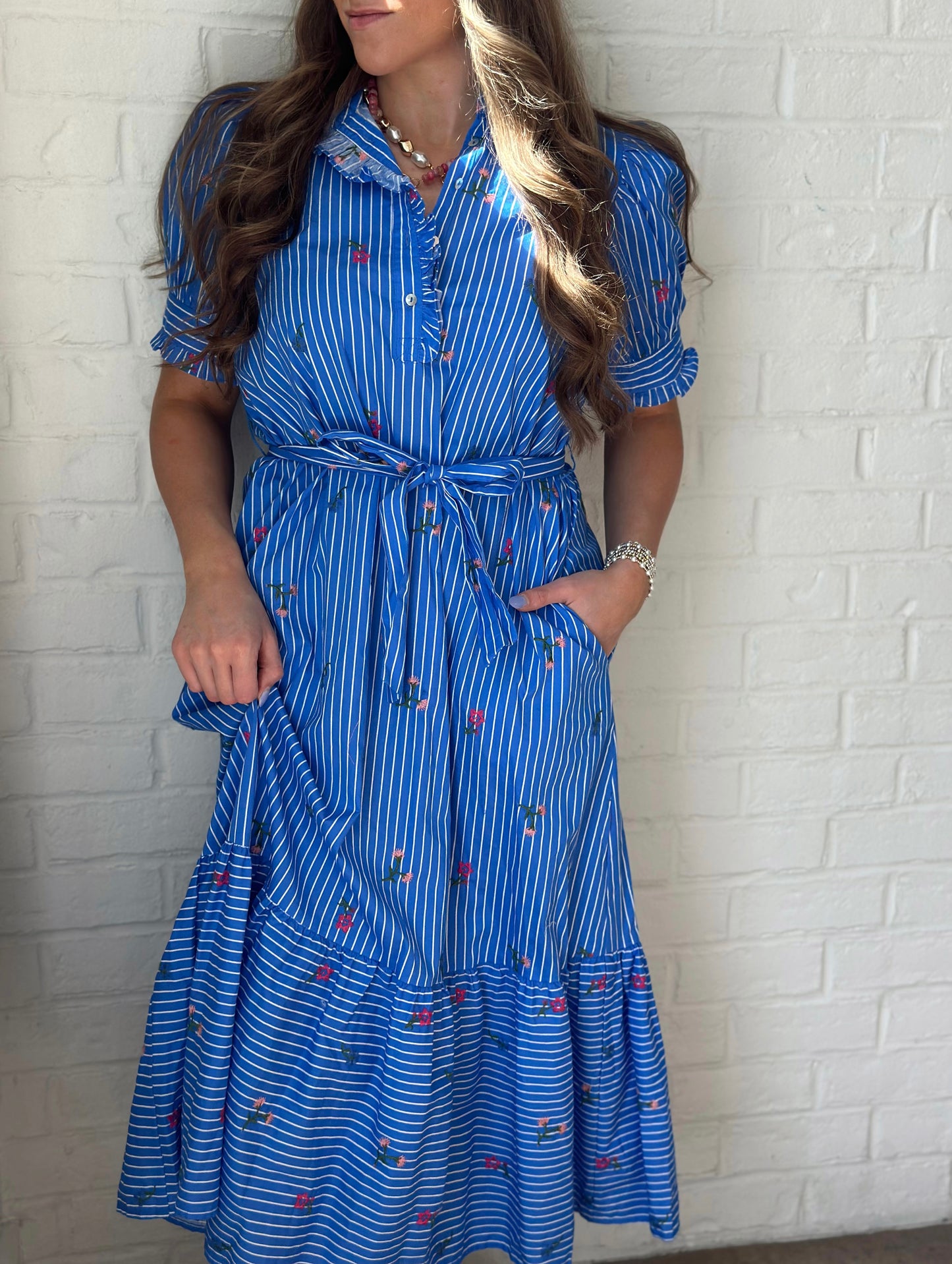 Blue & White Pinstripe Floral Waist Tie dress