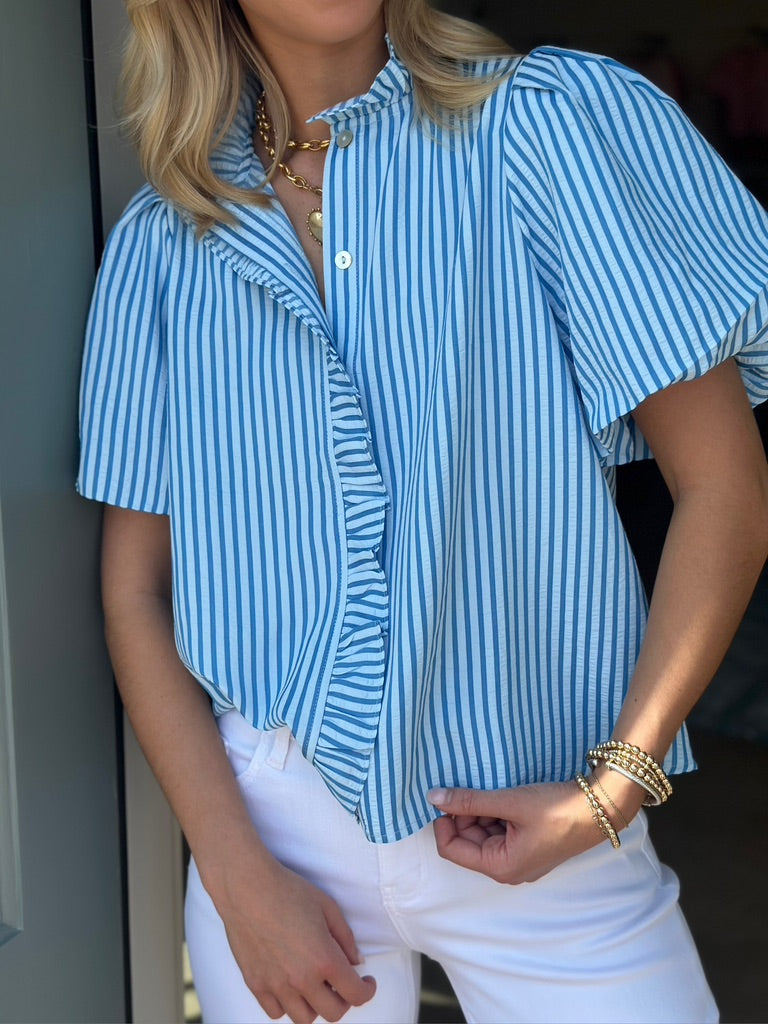Blue Seersucker Button Down top