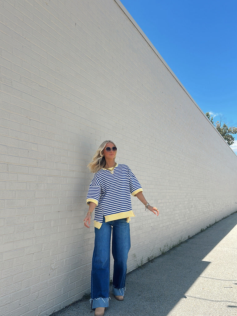 Yellow and Blue Striped Short Sleeve top