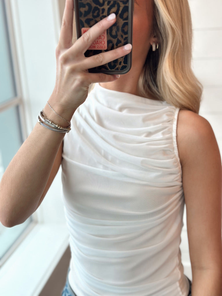 White Ruched Mesh Tank top