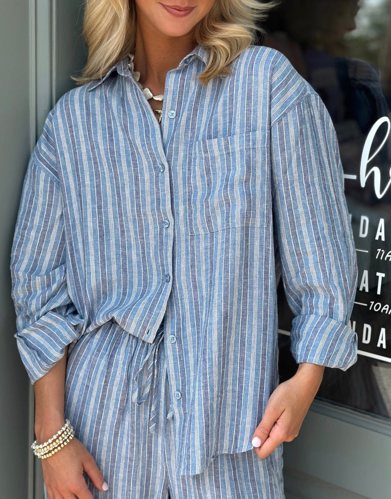 The Perfect Stripe Button Up top - Indigo