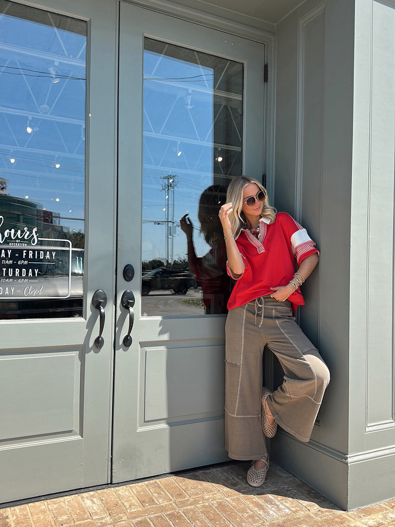 Red V-Neck Striped top