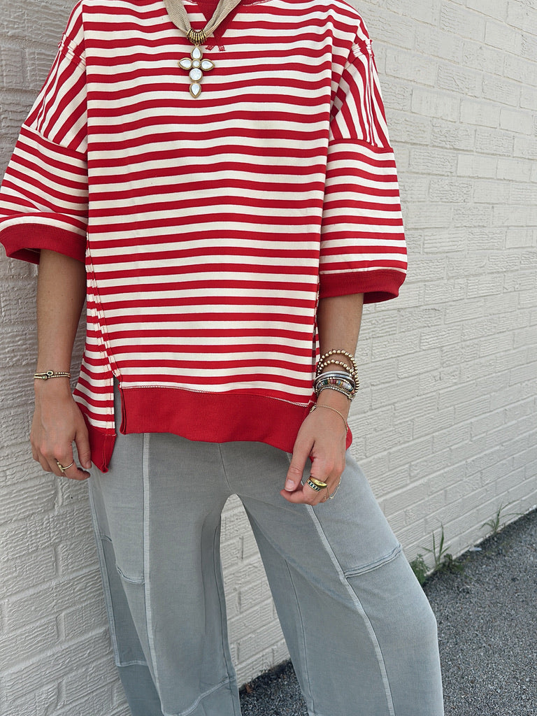 Red and Cream Striped Short Sleeve top