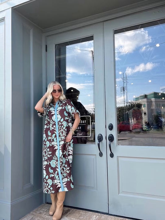 Blue and Brown Floral Midi dress