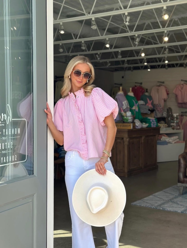 Pink Seersucker Button Down top