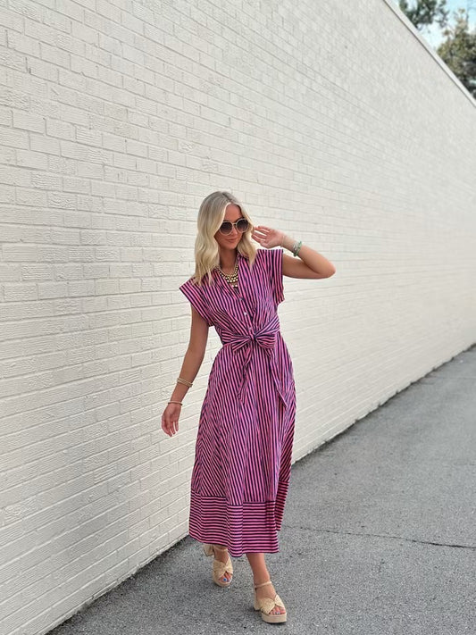 Pink and Navy Striped Maxi dress