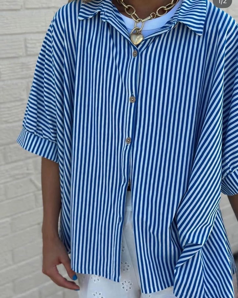 Navy Striped Button Down top