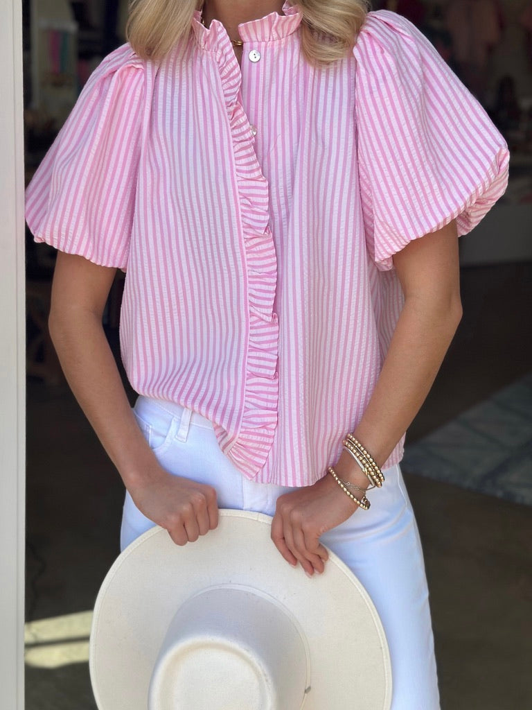 Pink Seersucker Button Down top