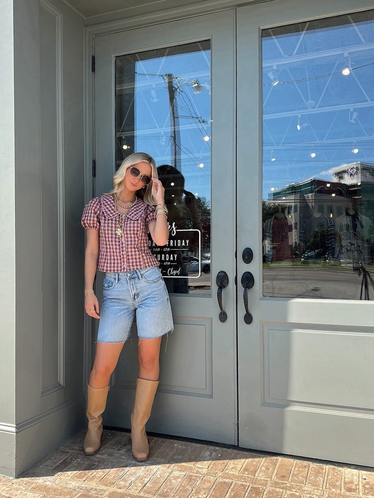 Pink and Brown Gingham Button Down top