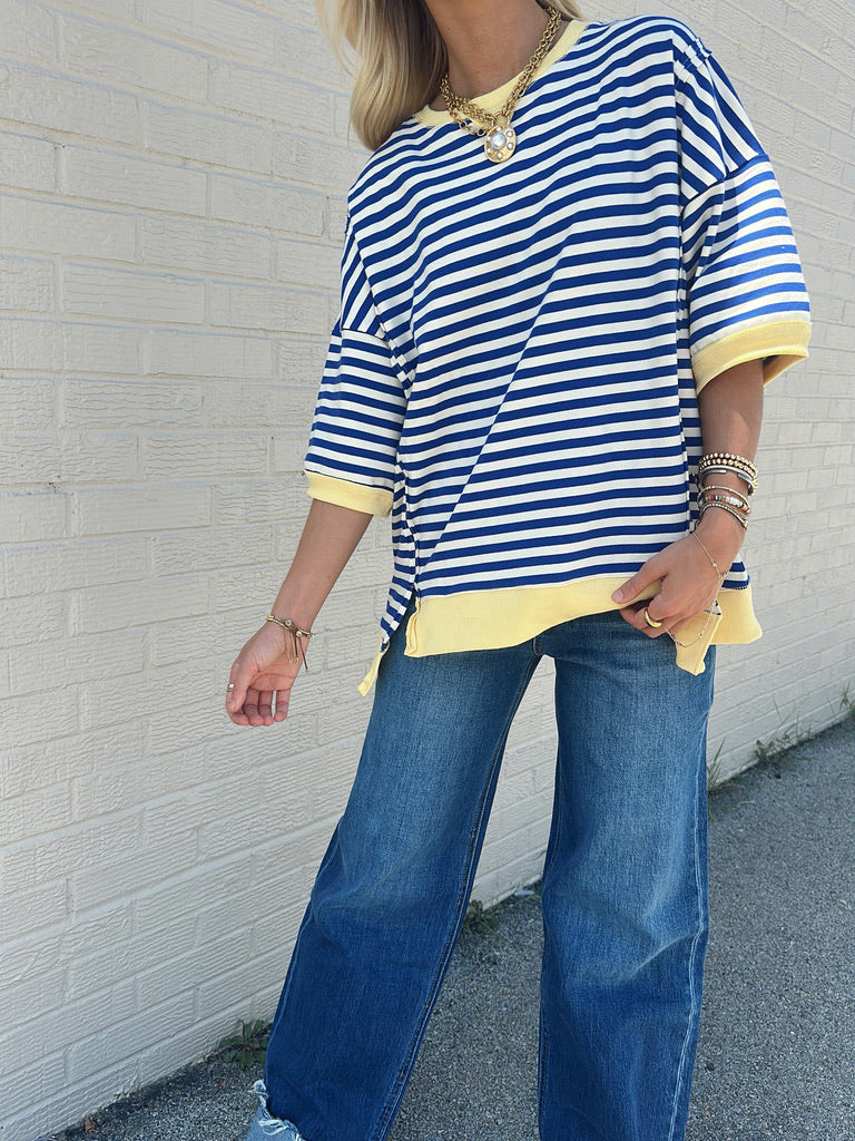 Yellow and Blue Striped Short Sleeve top