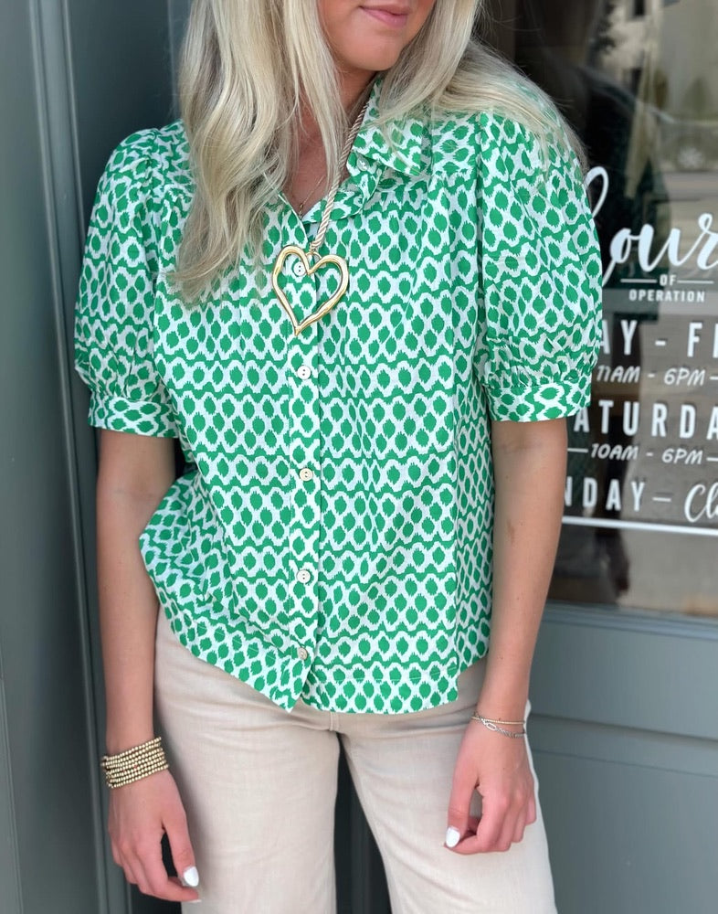 Green Geometric Button Down top