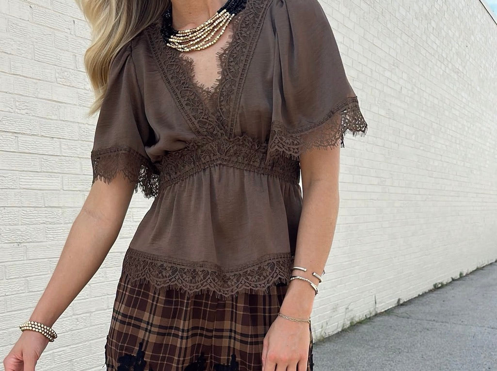 Lace Sculpted V-Neck top - Brown