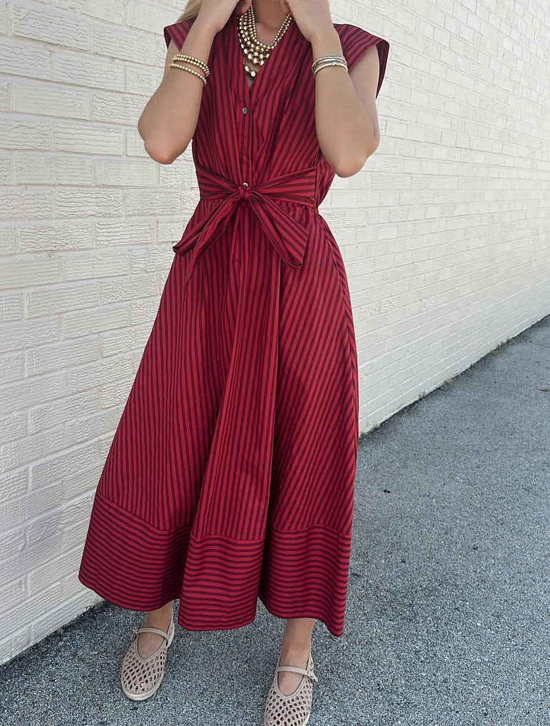 Red and Burgundy Striped Midi dress