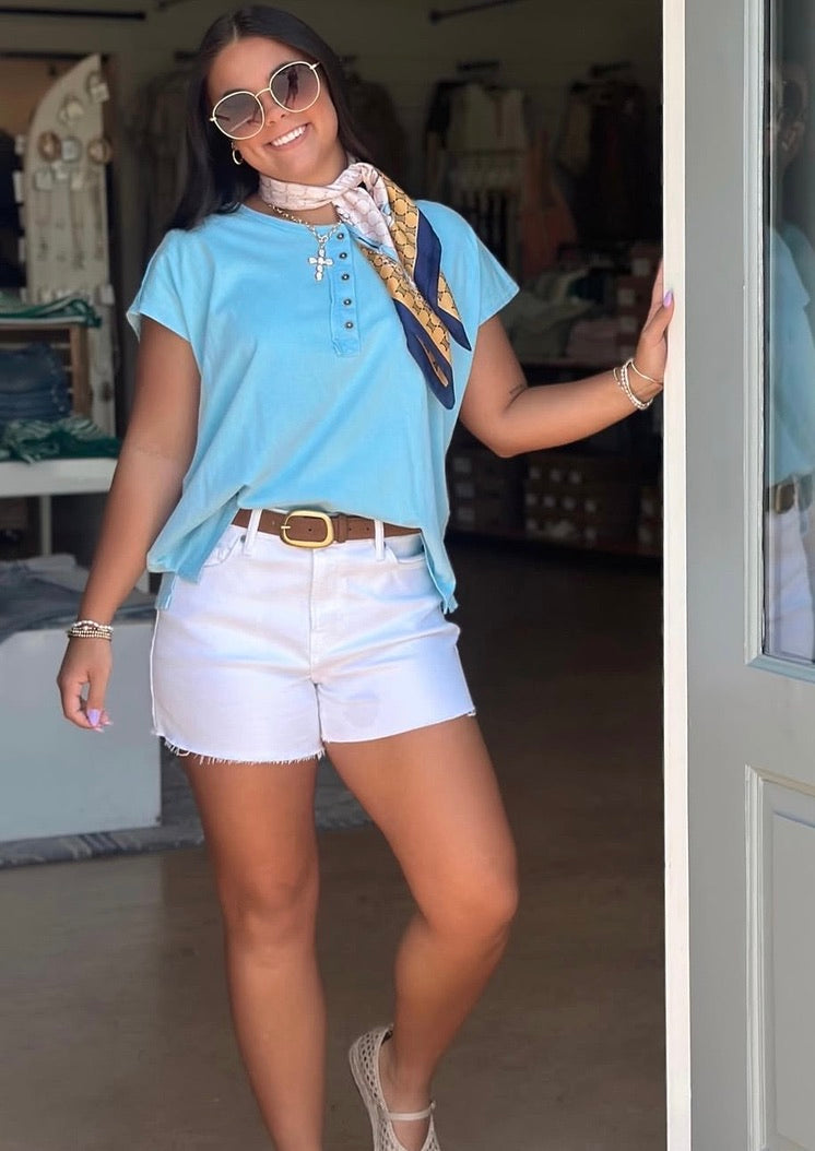Soft Cap Sleeve Button top - Sky Blue