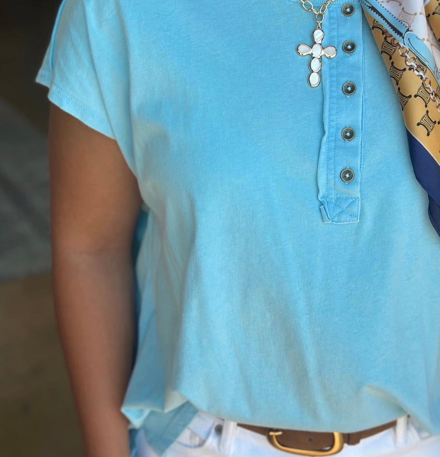 Soft Cap Sleeve Button top - Sky Blue