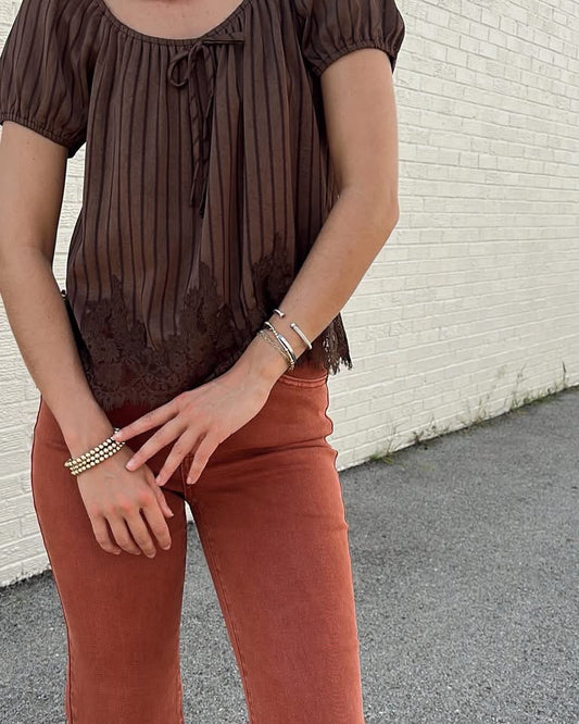 Scoop Neck Lace Trim top - Brown
