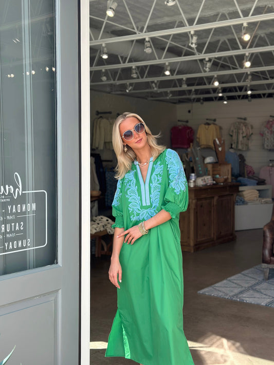 Green and Light Blue Stitched Maxi dress