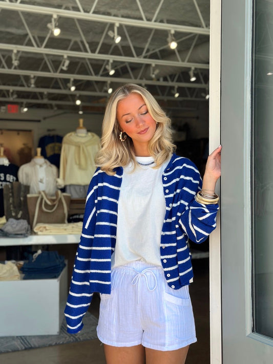 Piper Cardigan top - Royal Blue and Cream