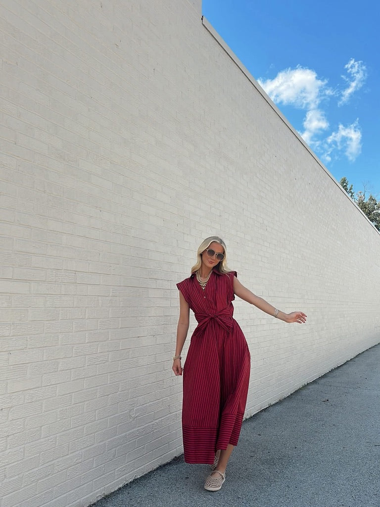 Red and Burgundy Striped Midi dress