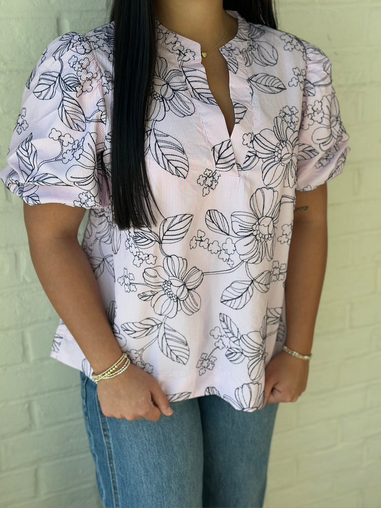 Seersucker Floral Embroidered top - Pink