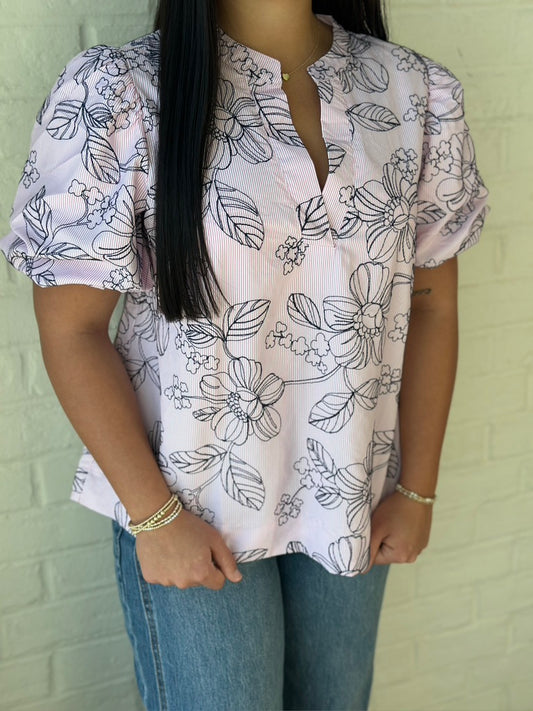 Seersucker Floral Embroidered top - Pink