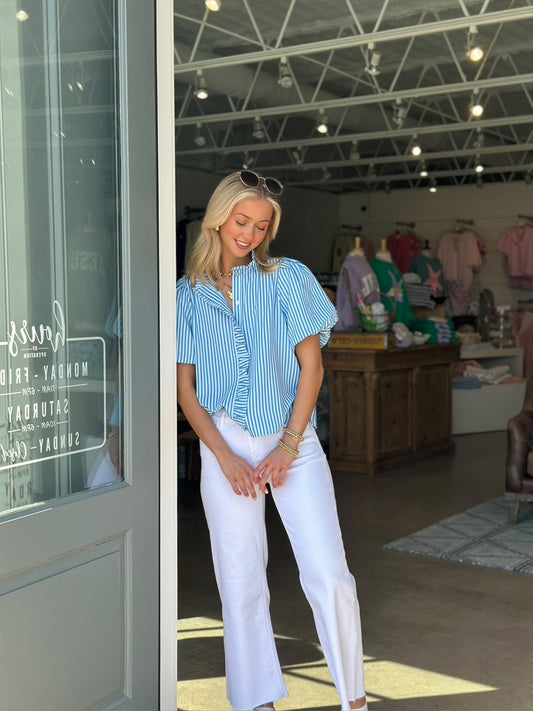 Blue Seersucker Button Down top