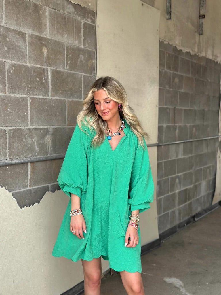Scalloped Bubble Sleeve Green dress