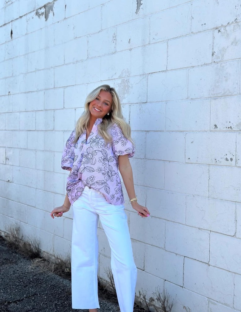 Seersucker Floral Embroidered top - Pink