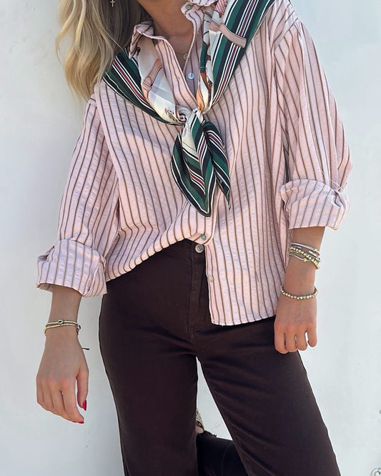 Pink and Brown Striped Button Down top