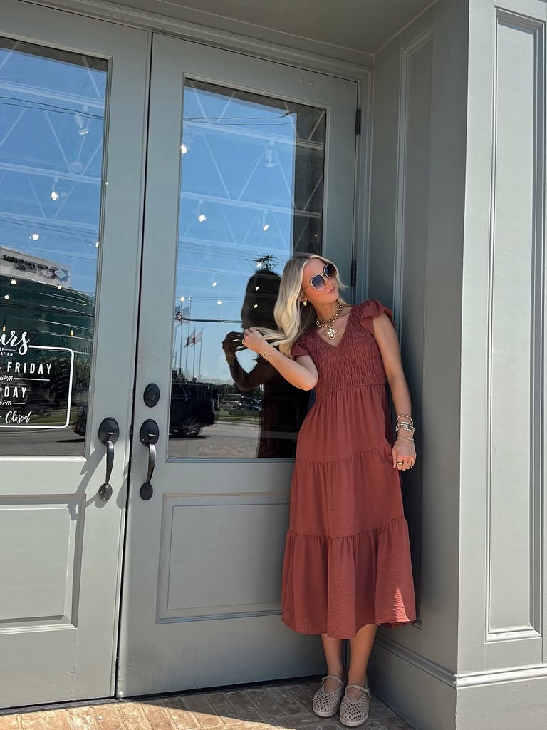 Rust V-Neck Midi dress