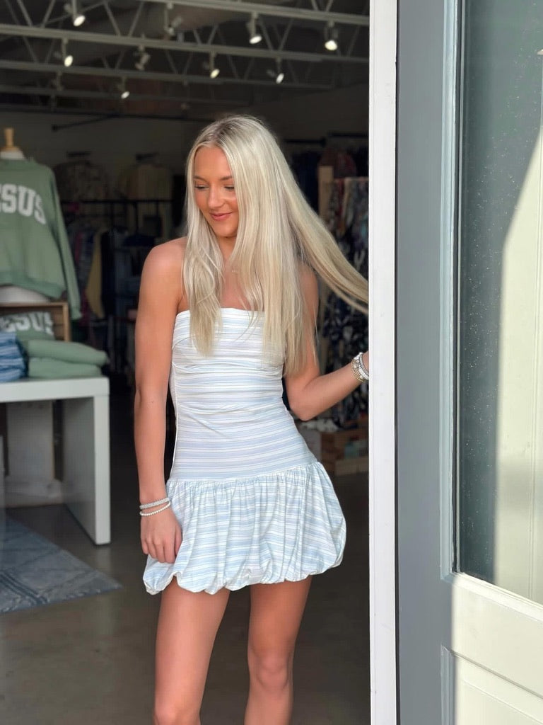 Strapless Bubble Hem Striped Mini dress