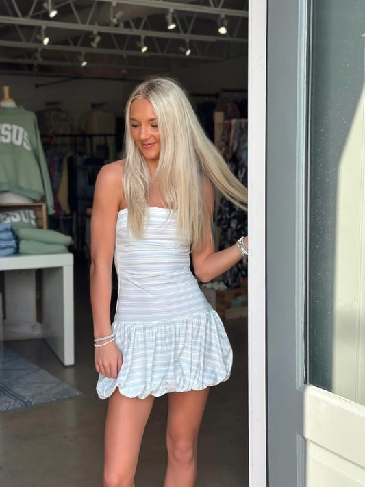 Strapless Bubble Hem Striped Mini dress