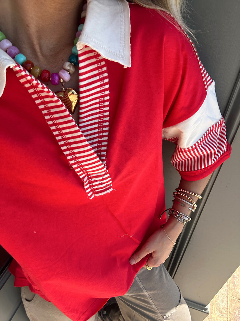 Red V-Neck Striped top