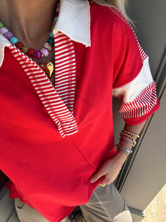 Red V-Neck Striped top