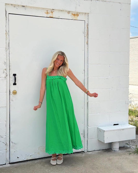 Rickrack Square Neck Maxi dress - Green