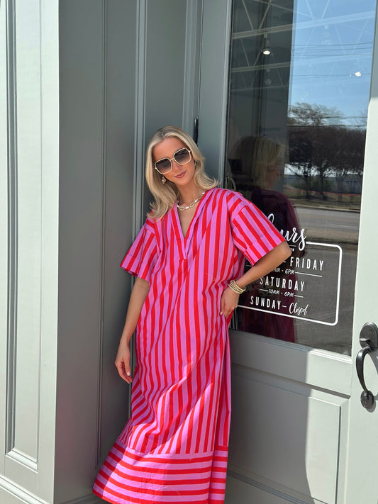 Red and Magenta Striped Maxi dress