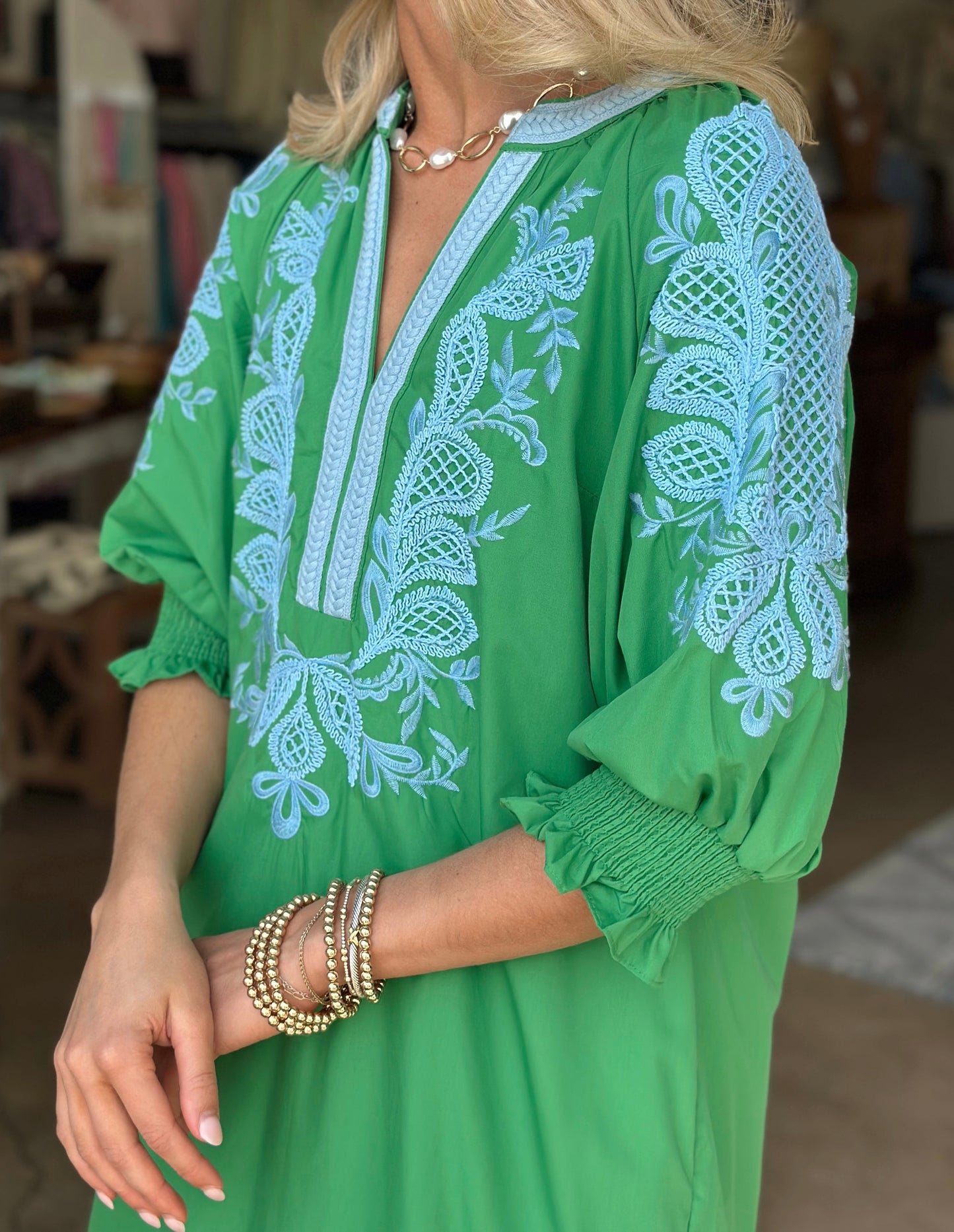 Green and Light Blue Stitched Maxi dress