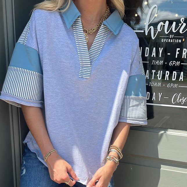 Gray V-Neck Striped top