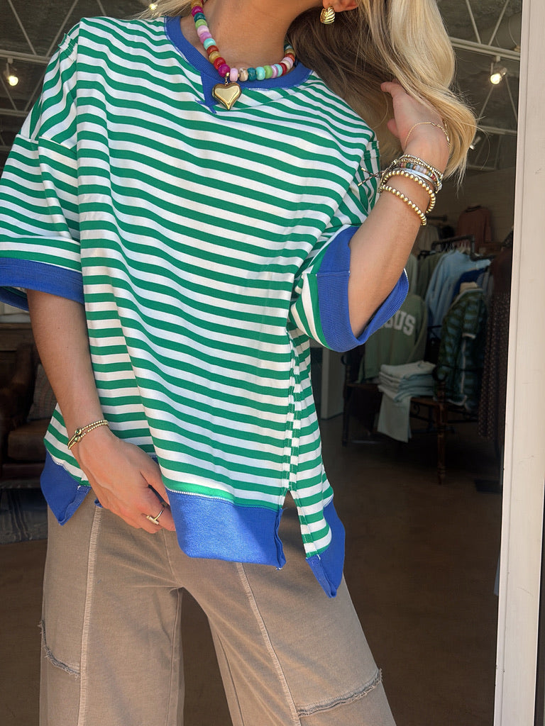 Blue and Green Striped Short Sleeve top