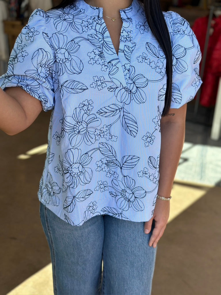 Seersucker Floral Embroidered top - Blue