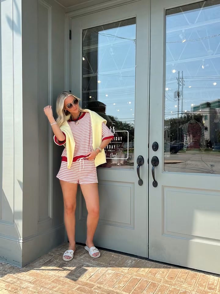 Red and Cream Striped Short set