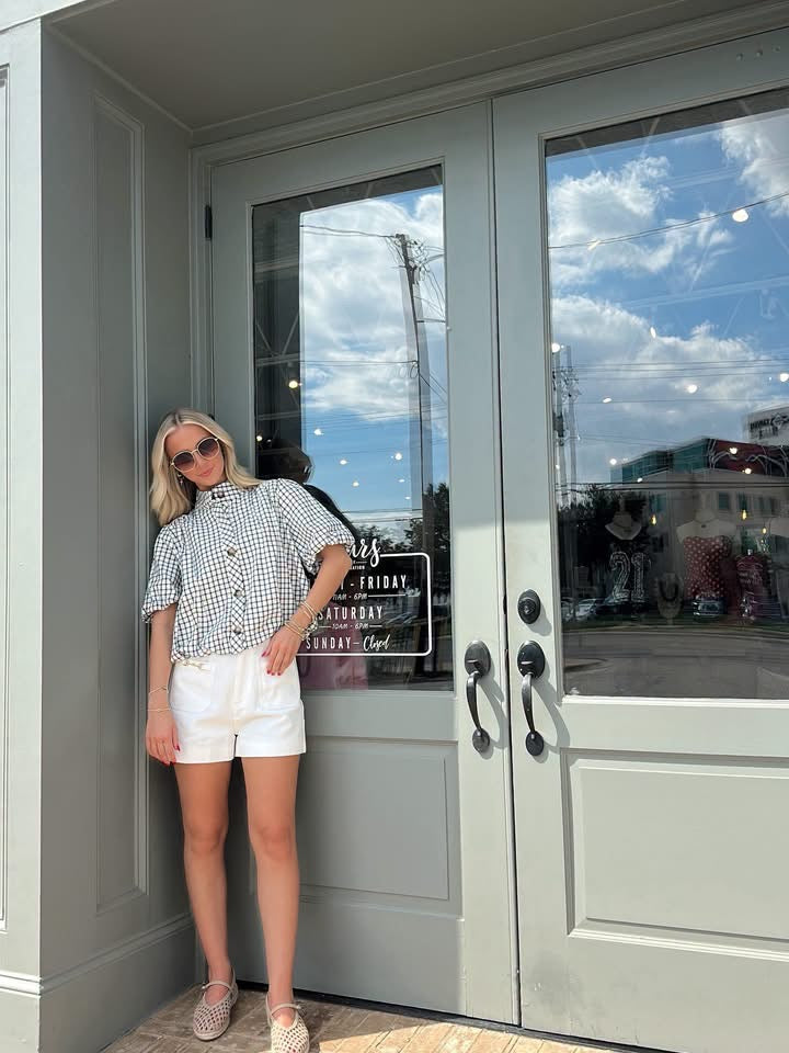 White and Green Gingham top