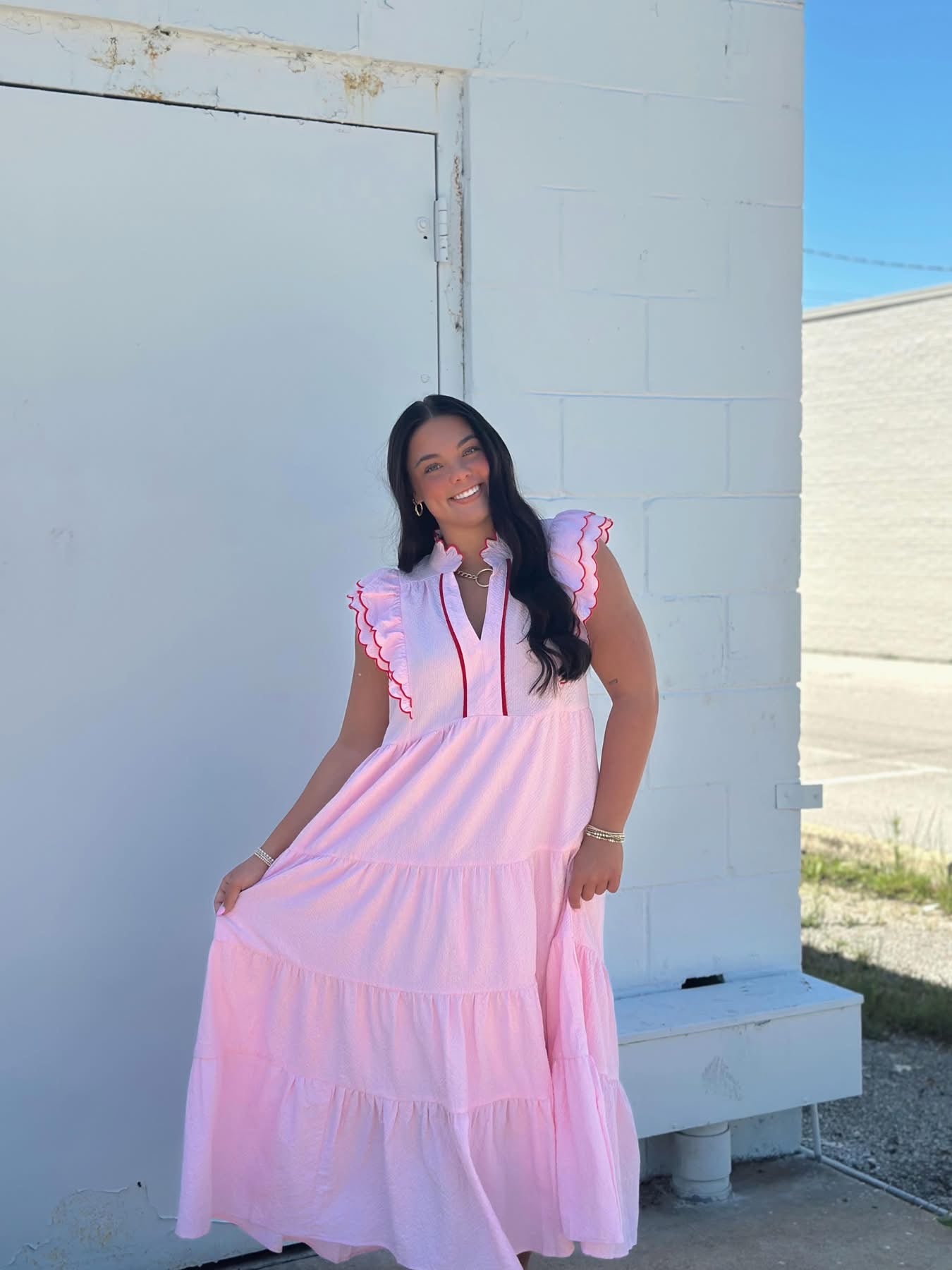Pink and Red Scalloped Maxi dress